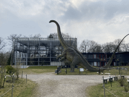 Statue of a Diplodocus in front of the Dinohal building in the Garden of the Oertijdmuseum