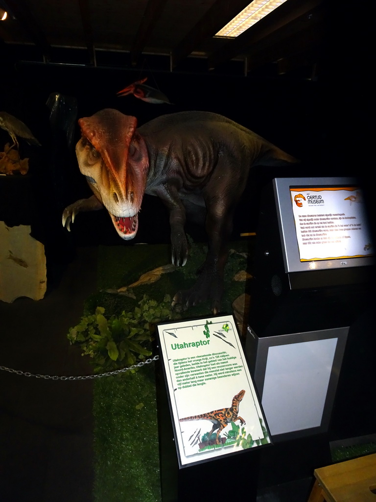 Statue of a Utahraptor at the Upper Floor of the Museum Building of the Oertijdmuseum, with explanation