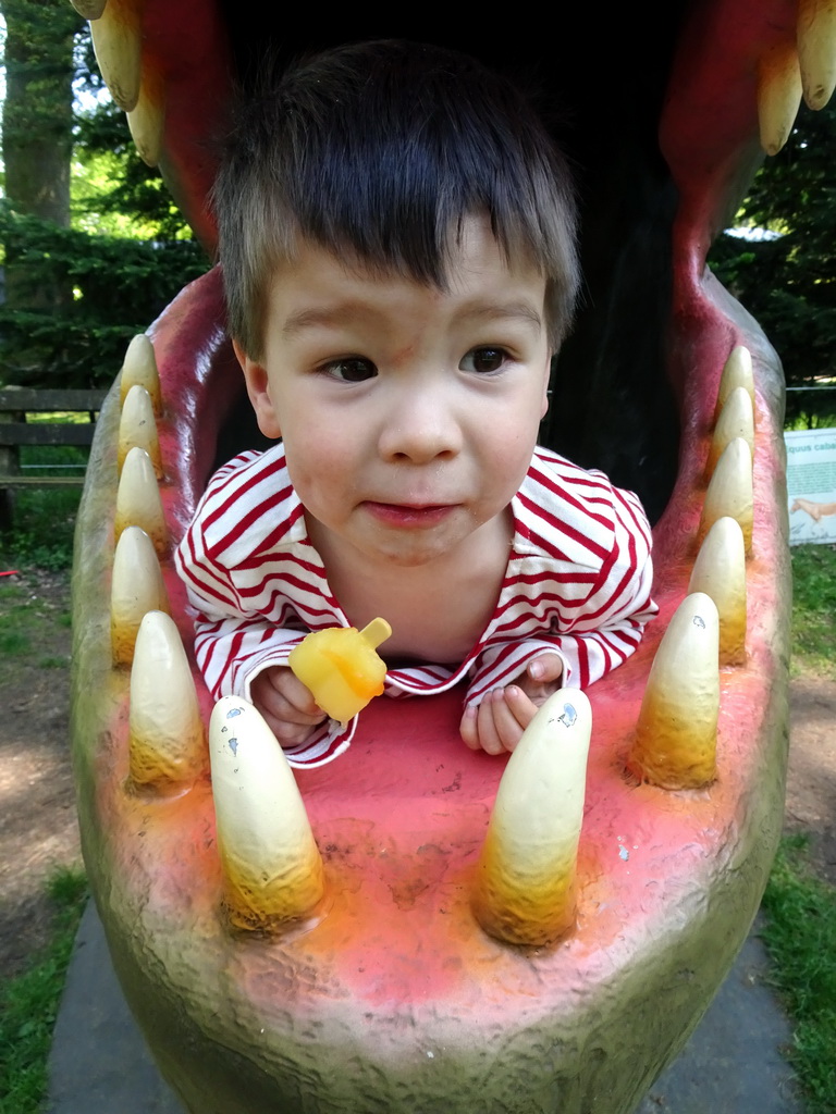 Max in a statue of the head of a Dinosaur at the playground in the Oertijdwoud forest of the Oertijdmuseum