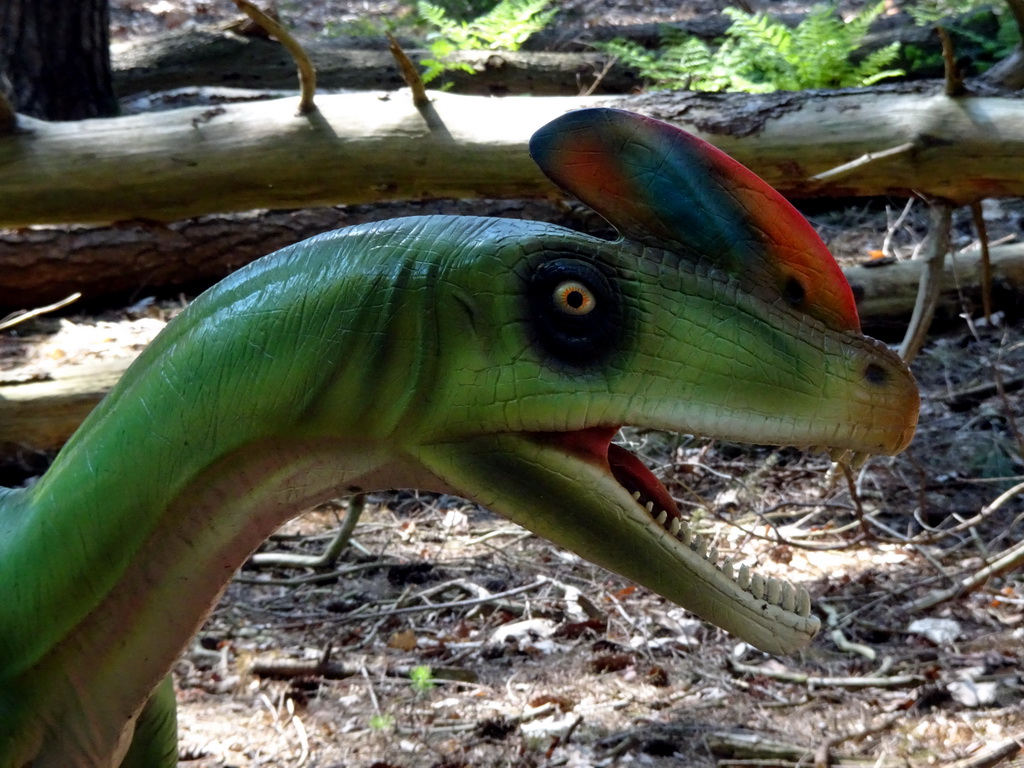 Head of a statue of a Guanlong in the Oertijdwoud forest of the Oertijdmuseum