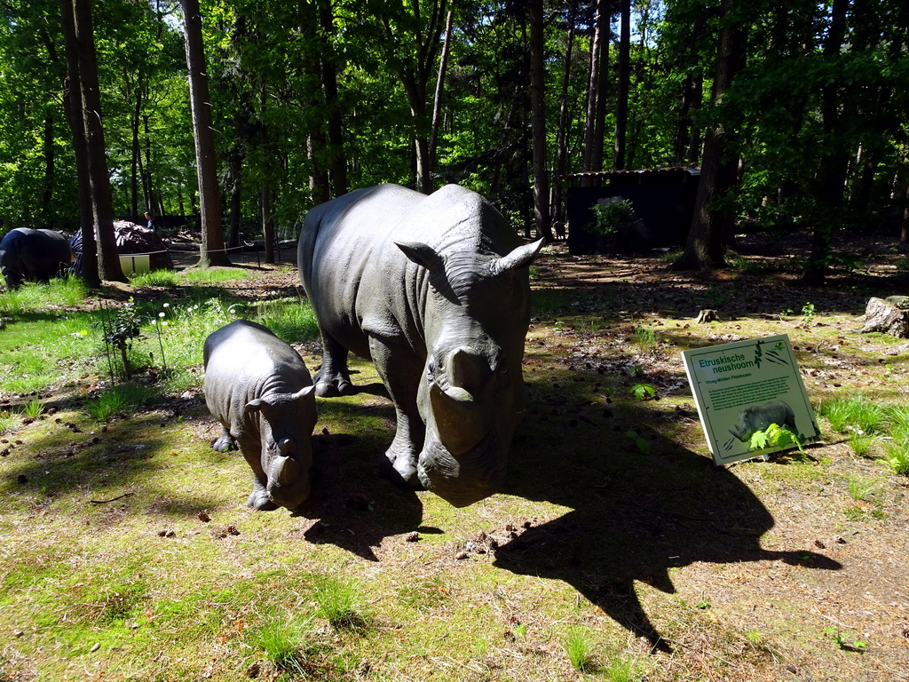 Statues of Etruscan Rhinoceroses in the Oertijdwoud forest of the Oertijdmuseum, with explanation