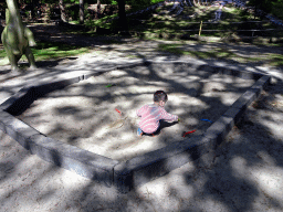 Max playing in the dinosaur excavation sandbox in the Oertijdwoud forest of the Oertijdmuseum