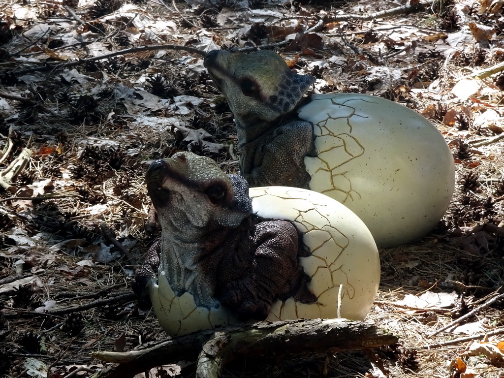 Statues of Triceratopses in eggs in the Oertijdwoud forest of the Oertijdmuseum