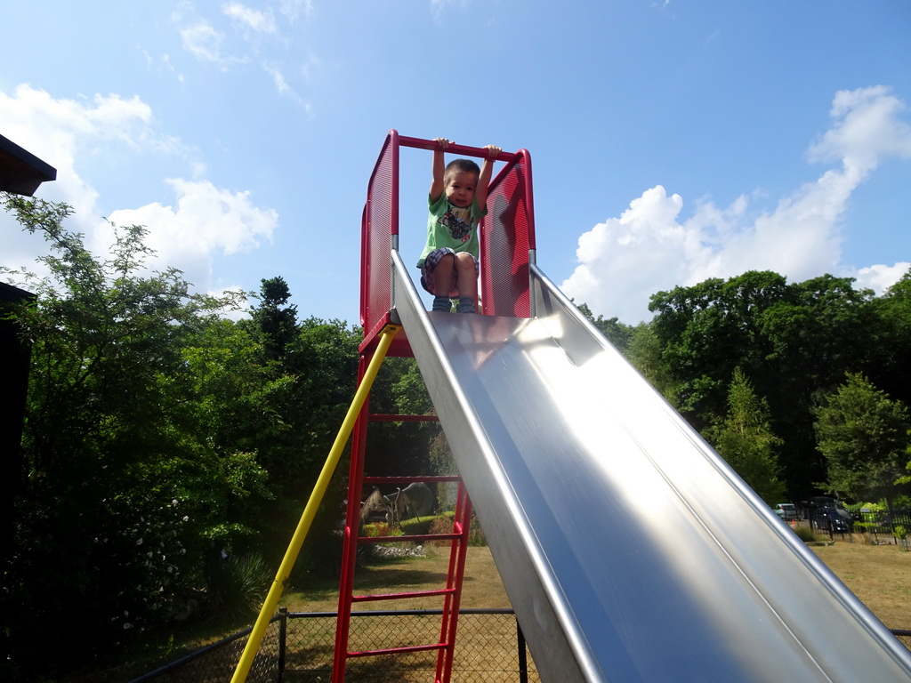 Max on the slide at the playground in the Garden of the Oertijdmuseum