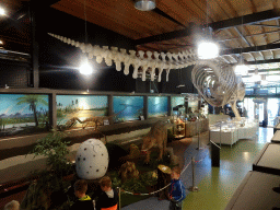 Skeleton of Casper the Sperm Whale and statues of Dinosaurs and Dinosaur eggs above the Lower Floor of the Museum Building of the Oertijdmuseum, viewed from the walkway from the Lower Floor to the Upper Floor