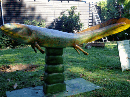 Statue of a Crassigyrinus in the Garden of the Oertijdmuseum, with explanation