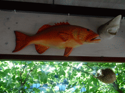 Statues of fish hanging on the wall of the restaurant at the Lower Floor of the Museum building of the Oertijdmuseum