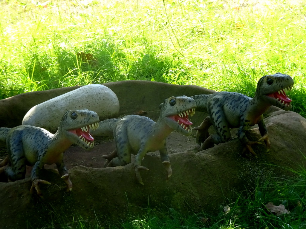 Statues of young Giganotosauruses and eggs in the Garden of the Oertijdmuseum