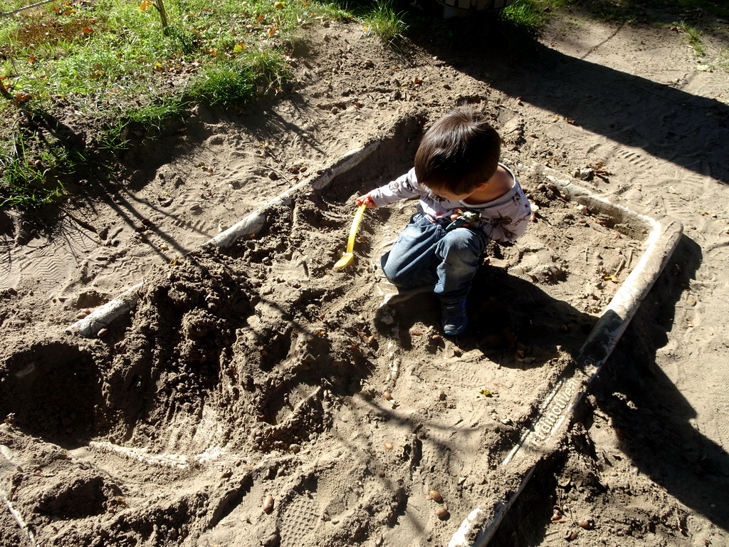 Max playing in the Velociraptor excavation sandbox in the Oertijdwoud forest of the Oertijdmuseum