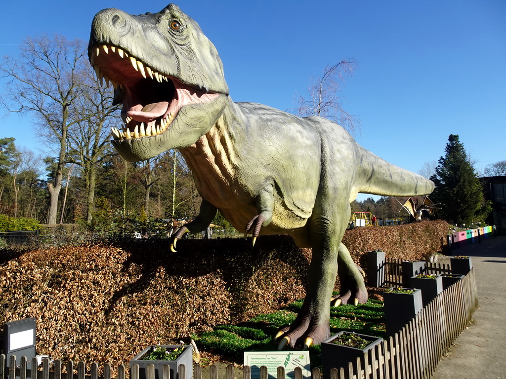 Statue of a Tyrannosaurus Rex at the entrance to the Oertijdmuseum at the Bosscheweg street