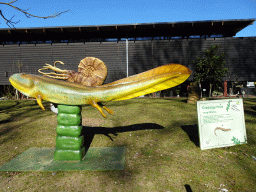 Statue of a Crassigyrinus in the Garden of the Oertijdmuseum, with explanation