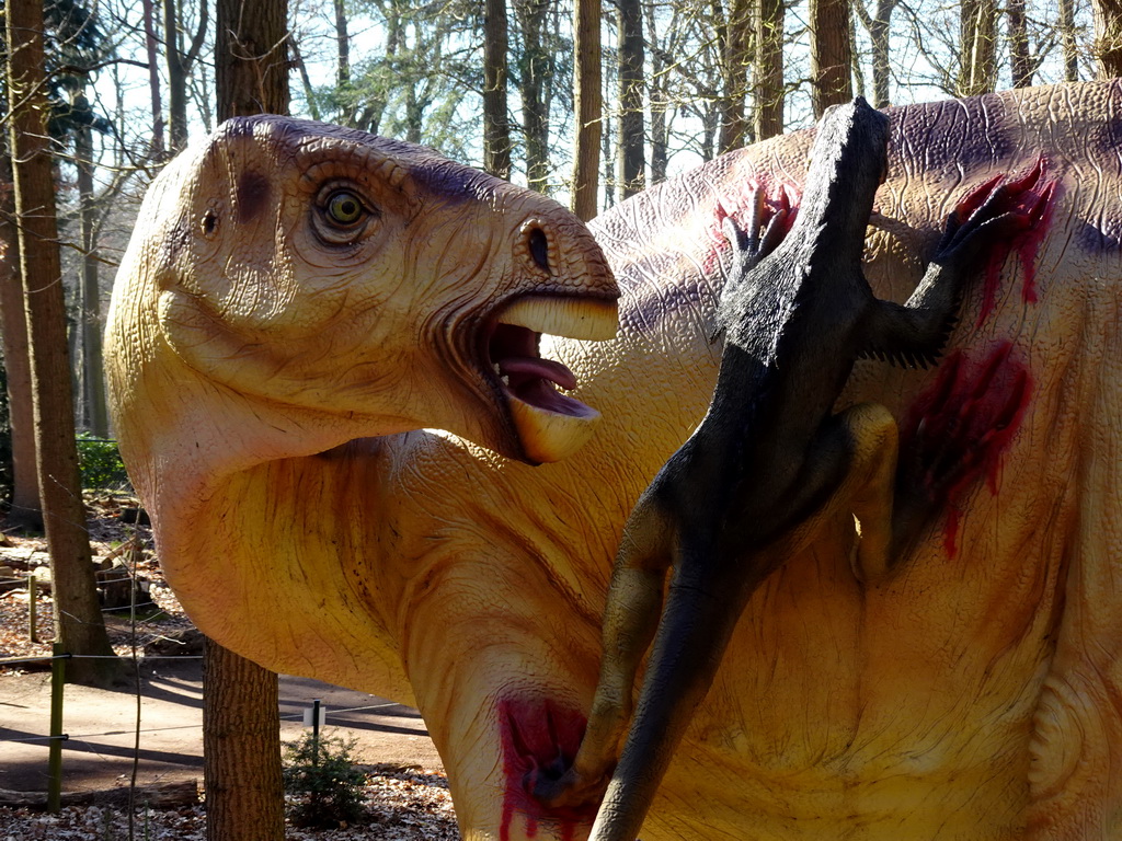 Statue of an Iguanodon in the Oertijdwoud forest of the Oertijdmuseum