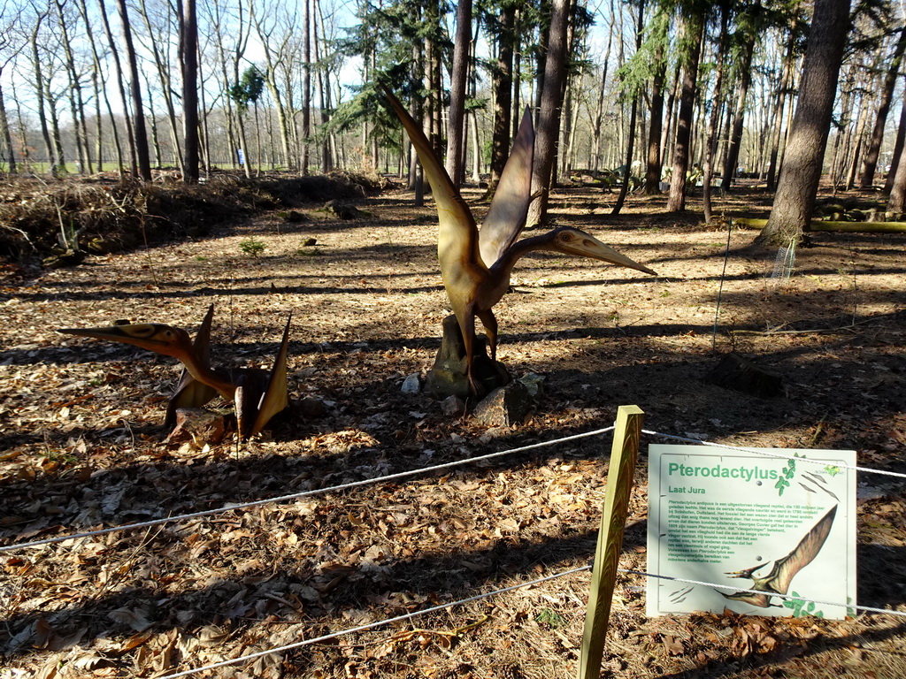 Statues of Pterodactyluses in the Oertijdwoud forest of the Oertijdmuseum, with explanation