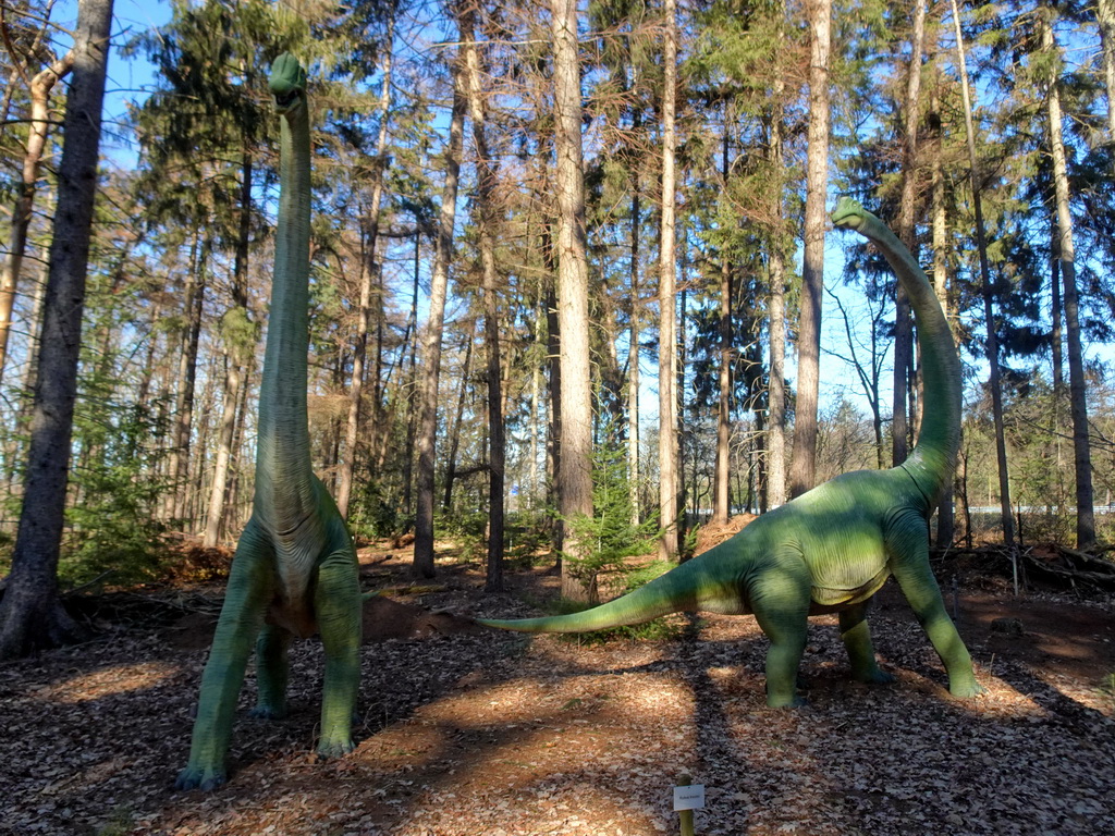 Statues of Europasauruses in the Oertijdwoud forest of the Oertijdmuseum