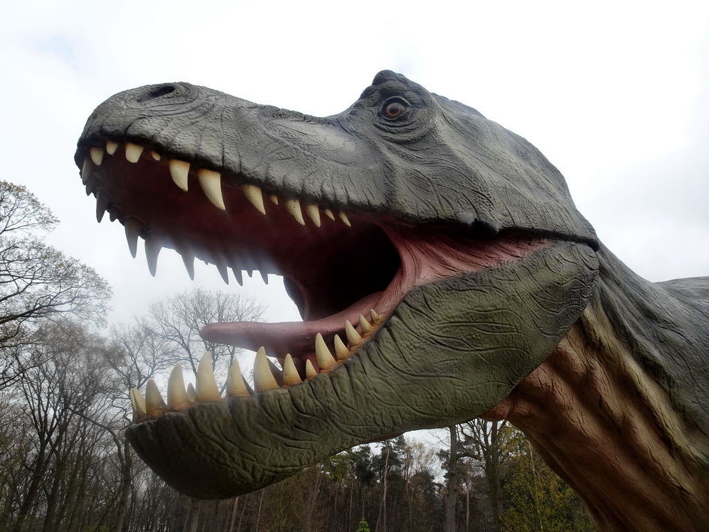 Head of a statue of a Tyrannosaurus Rex at the entrance to the Oertijdmuseum at the Bosscheweg street