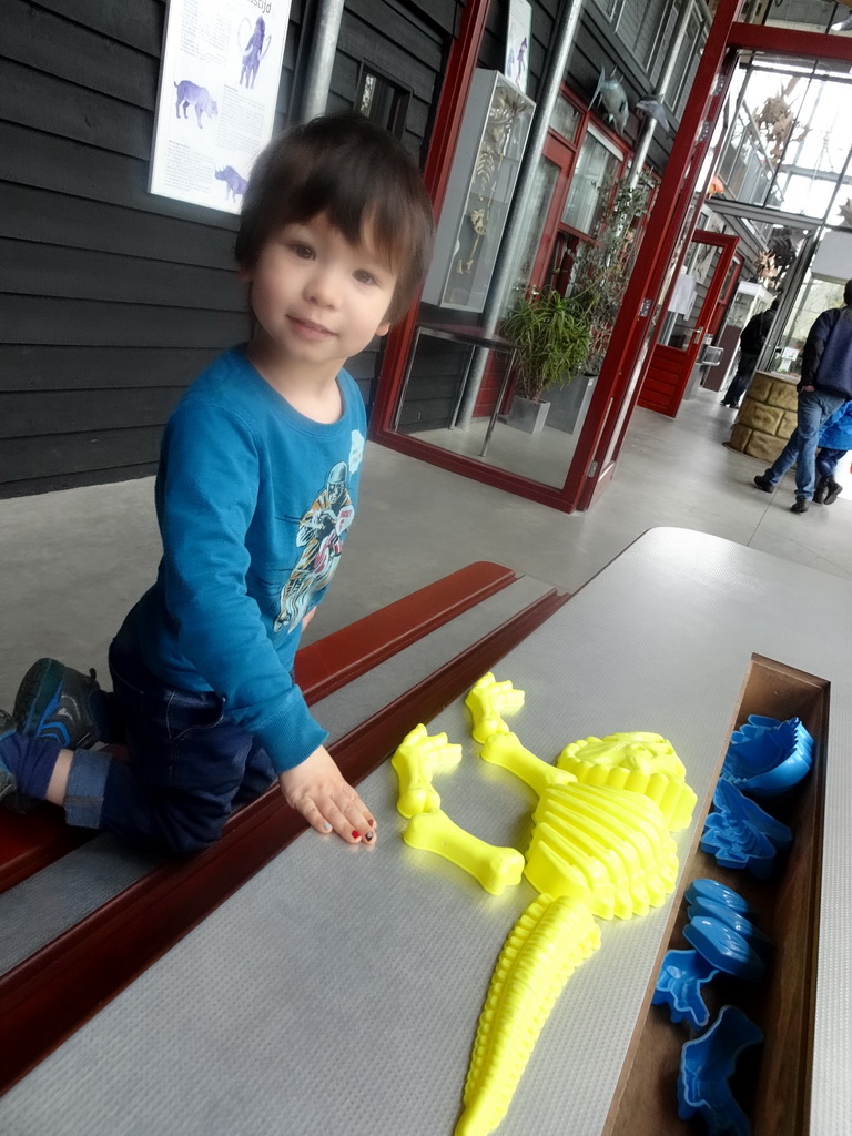 Max playing with a puzzle in the hallway from the Dinohal building to the Museum building of the Oertijdmuseum