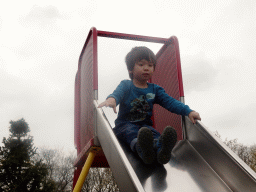 Max on a slide at the playground in the Garden of the Oertijdmuseum