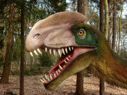 Head of a statue of a Dilophosaurus at the Oertijdwoud forest of the Oertijdmuseum