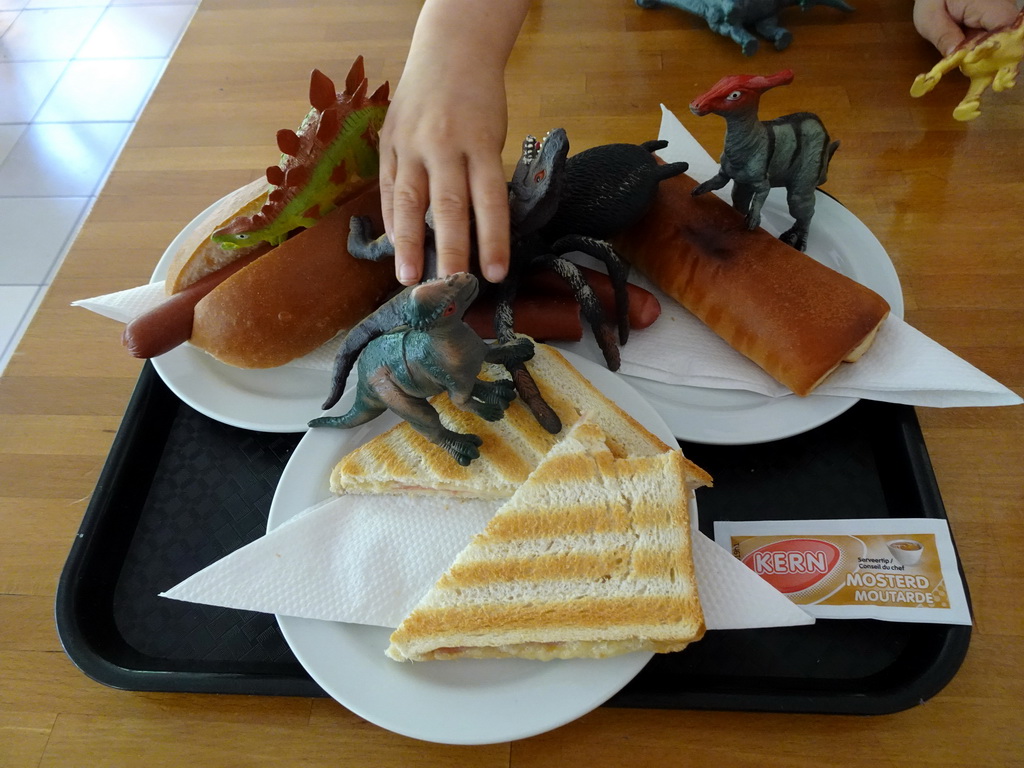 Max playing with dinosaur toys while having lunch at the restaurant at the Lower Floor of the Museum building of the Oertijdmuseum