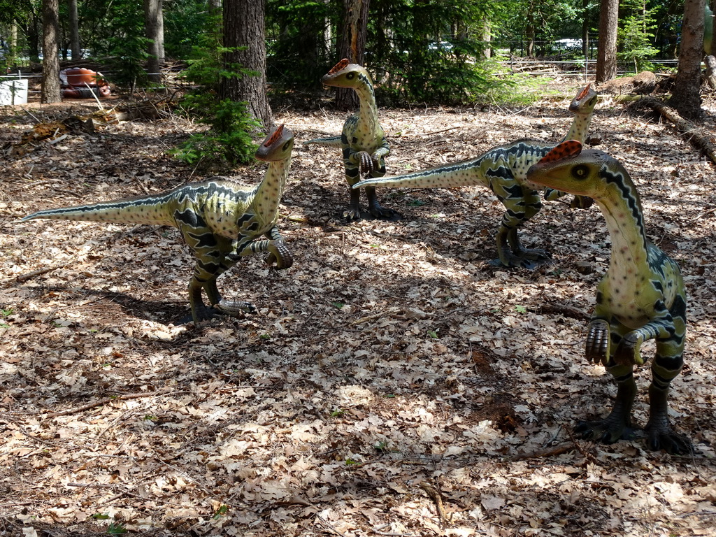 Statues of Dilong Paradoxus in the Oertijdwoud forest of the Oertijdmuseum