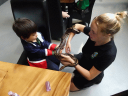 Max and a zookeeper with a Ball Python at the lower floor of the Reptielenhuis De Aarde zoo