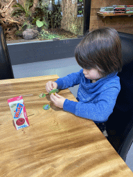 Max with Frog toys at the lower floor of the Reptielenhuis De Aarde zoo