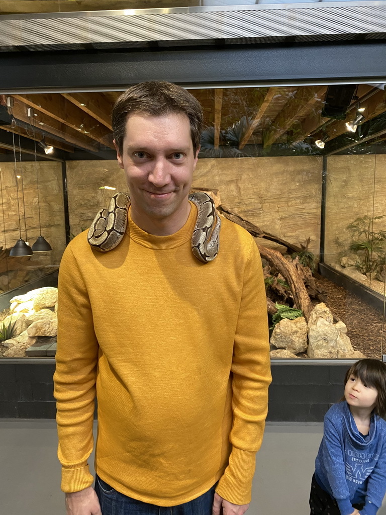 Tim with a Ball Python and Max at the lower floor of the Reptielenhuis De Aarde zoo