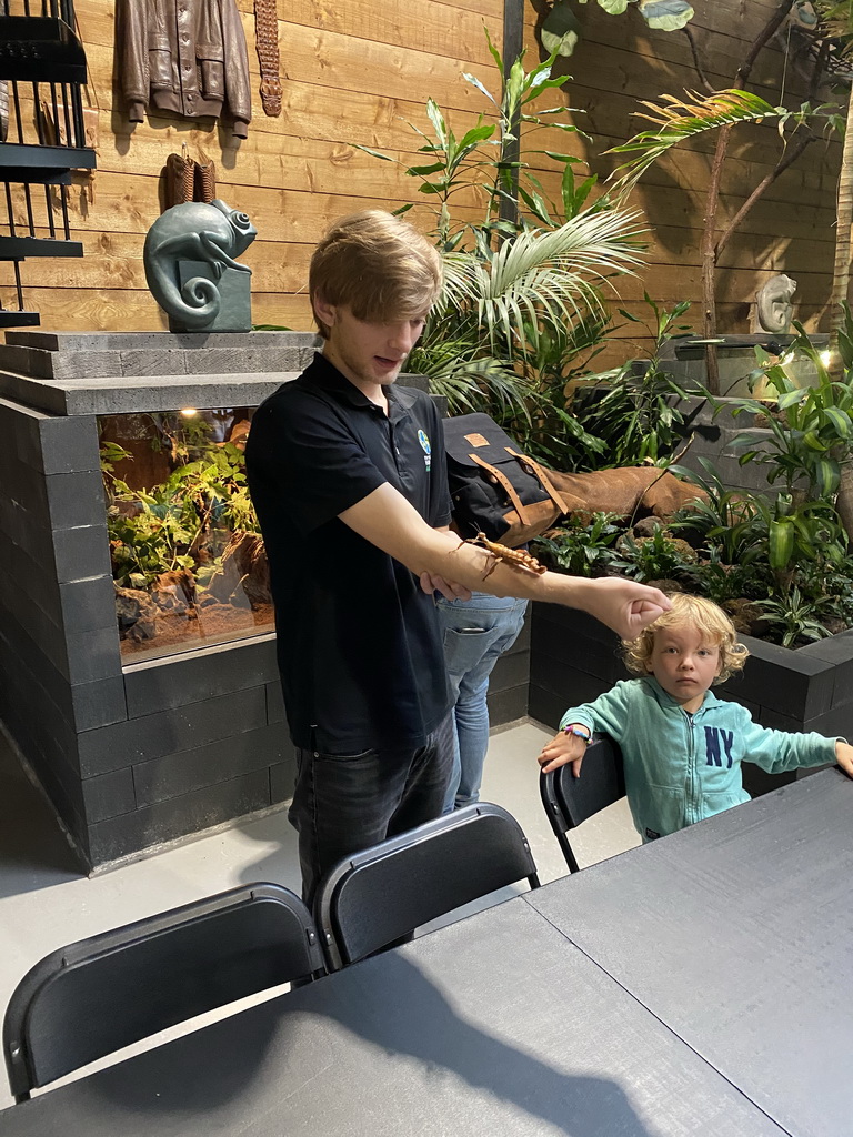 Zookeeper with an Australian Walking Stick at the lower floor of the Reptielenhuis De Aarde zoo