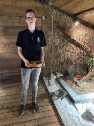 Zookeeper feeding the Rhinoceros Iguana at the upper floor of the Reptielenhuis De Aarde zoo