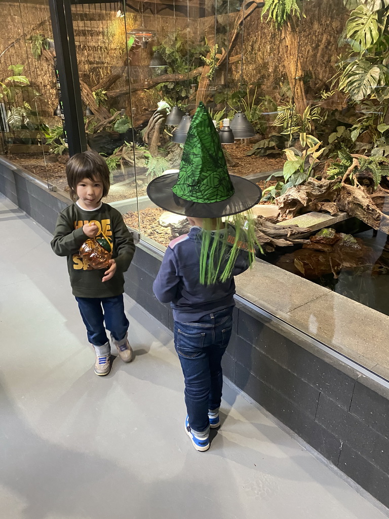 Max and his friend at the lower floor of the Reptielenhuis De Aarde zoo, during the Halloween 2020 event