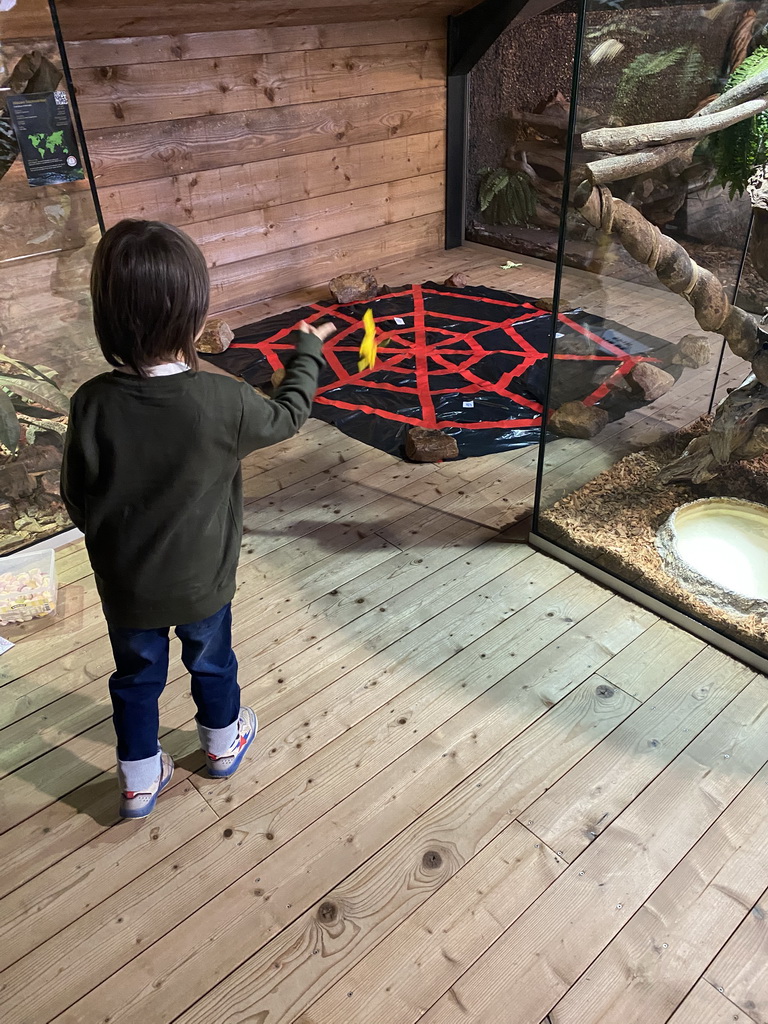 Max doing the spider game at the upper floor of the Reptielenhuis De Aarde zoo, during the Halloween 2020 event