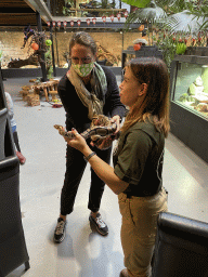 Person of Snake Patrol Surinam with a Ball Python at the lower floor of the Reptielenhuis De Aarde zoo, during the Halloween 2020 event