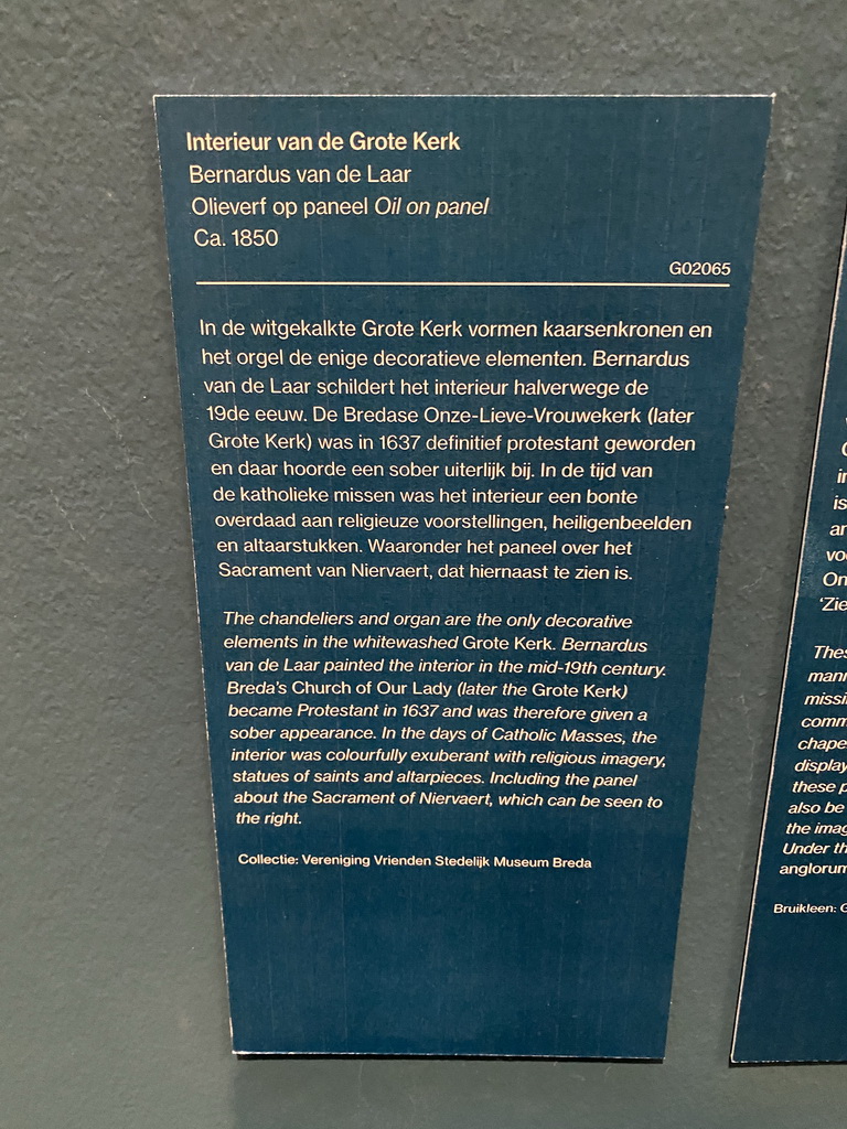 Explanation on the painting `Interior of the Grote Kerk church` by Bernardus van de Laar at the `De Collectie - 450 jaar kunst en geschiedenis` exhibition in Room 1 at the Ground Floor of the Stedelijk Museum Breda