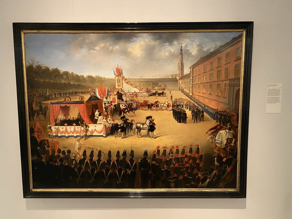 Painting `Parade at the 25-year anniversary of the Royal Military Academy` by Reinhardt Willem Kleijn at the `De Collectie - 450 jaar kunst en geschiedenis` exhibition in Room 1 at the Ground Floor of the Stedelijk Museum Breda, with explanation