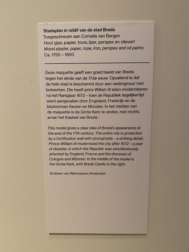 Explanation on the scale model of the city of Breda at the end of the 18th century at the `De Collectie - 450 jaar kunst en geschiedenis` exhibition in Room 1 at the Ground Floor of the Stedelijk Museum Breda