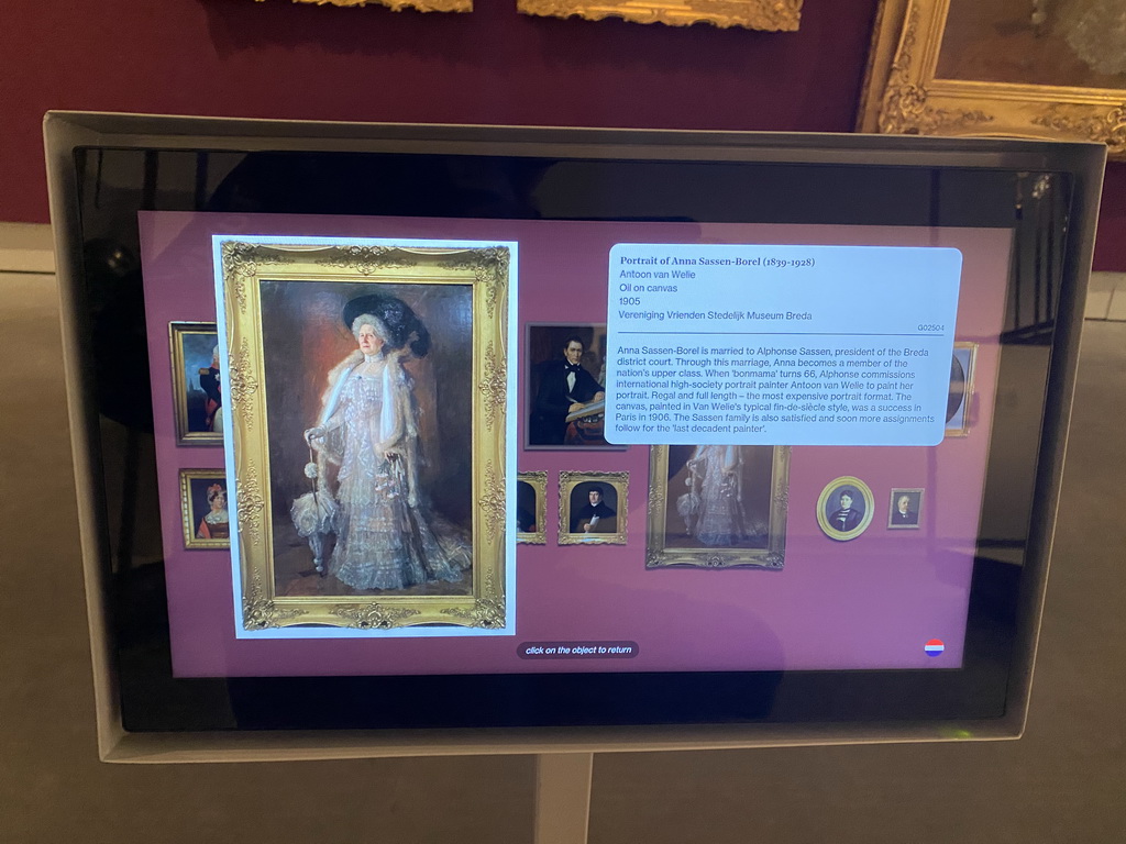 Explanation on the portrait of Anna Sassen-Borel by Antoon van Welie at the `De Collectie - 450 jaar kunst en geschiedenis` exhibition in Room 1 at the Ground Floor of the Stedelijk Museum Breda