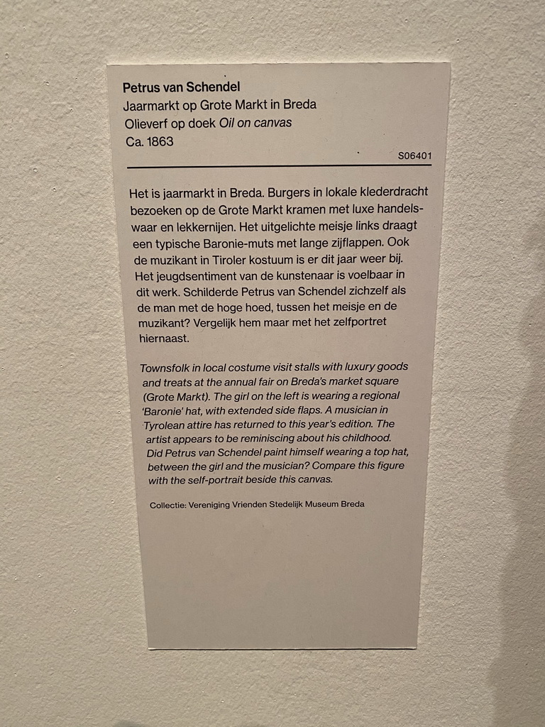 Explanation on the painting `Annual Fair at the Grote Markt square in Breda` by Petrus van Schendel at the `De Collectie - 450 jaar kunst en geschiedenis` exhibition in Room 2 at the Ground Floor of the Stedelijk Museum Breda