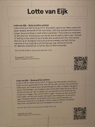 Information on Lotte van Eijk at the `Power to the Models` exhibition in Room 4 at the Lower Floor of the Stedelijk Museum Breda