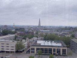 The city center with the Grote Kerk church and the St. Antonius Cathedral, viewed from the Smakenrad ferris wheel at the Chasséveld square