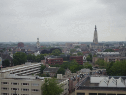 The city center with the Grote Kerk church and the St. Antonius Cathedral, viewed from the Smakenrad ferris wheel at the Chasséveld square