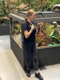 Zookeeper with a Ball Python at the lower floor of the Reptielenhuis De Aarde zoo