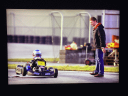 Photograph of Jos Verstappen and Max Verstappen in a kart in 2005, at the `Vleugels to the Max` exhibition at the Koepelgevangenis building