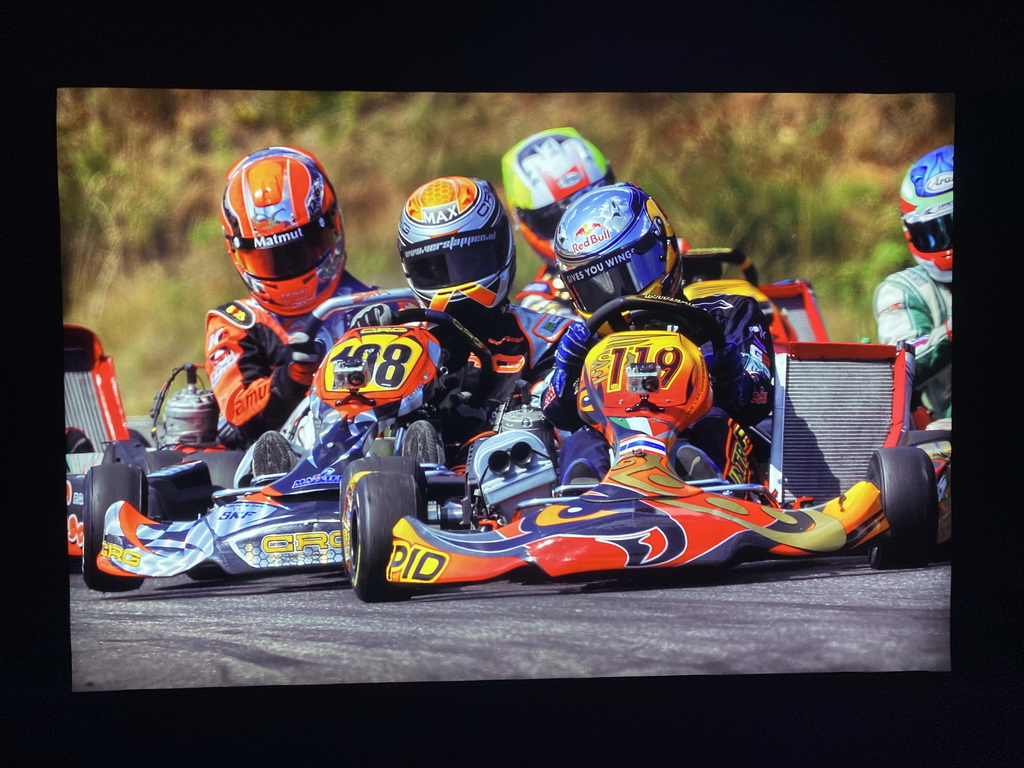 Photograph of Pierre Gasly, Max Verstappen and Alexander Albon in karts in 2010, at the `Vleugels to the Max` exhibition at the Koepelgevangenis building