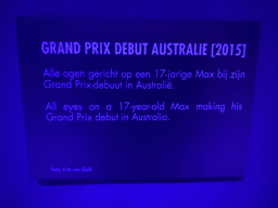 Explanation on the photograph of Max Verstappen and the press at his Formula 1 debut at Melbourne in 2015, at the `Vleugels to the Max` exhibition at the Koepelgevangenis building