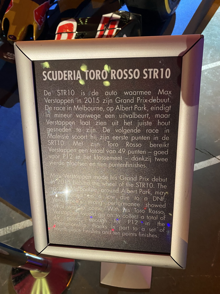 Explanation on the Scuderia Toro Rosso STR10 Formula 1 car at the `Vleugels to the Max` exhibition at the Koepelgevangenis building