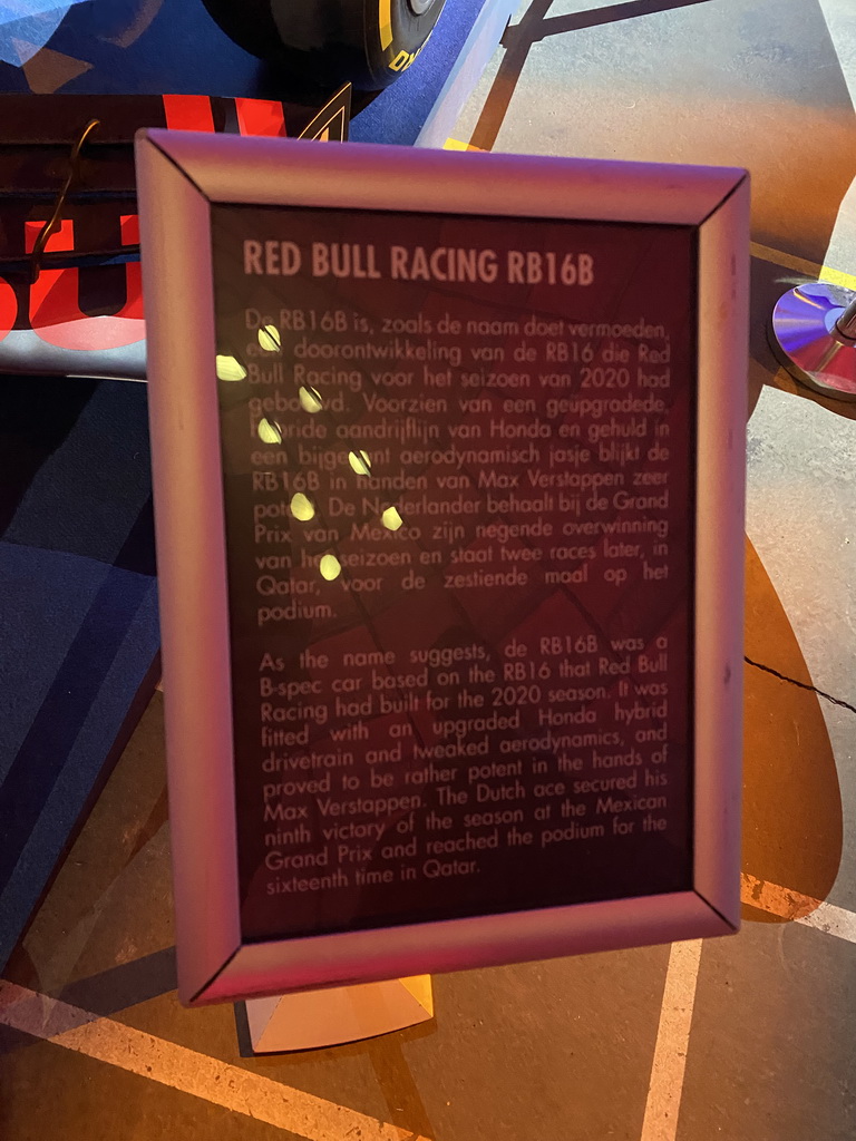 Explanation on the Red Bull Racing RB16B Formula 1 car at the `Vleugels to the Max` exhibition at the Koepelgevangenis building