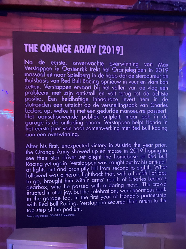 Explanation on the photograph of Max Verstappen in a Formula 1 car and the `Orange Army` in 2019, at the `Vleugels to the Max` exhibition at the Koepelgevangenis building