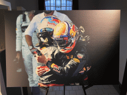 Photograph of Daniel Ricciardo and Max Verstappen after his first victory in Formula 1 at Barcelona in 2016, at the `Vleugels to the Max` exhibition at the Koepelgevangenis building