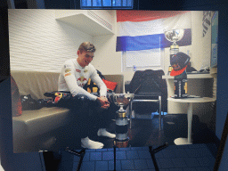 Photograph of Max Verstappen with the cup after his first victory in Formula 1 at Barcelona in 2016, at the `Vleugels to the Max` exhibition at the Koepelgevangenis building