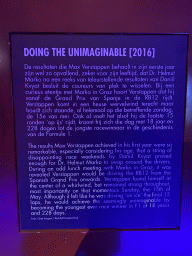 Explanation on the photograph of Max Verstappen with the cup after his first victory in Formula 1 at Barcelona in 2016, at the `Vleugels to the Max` exhibition at the Koepelgevangenis building